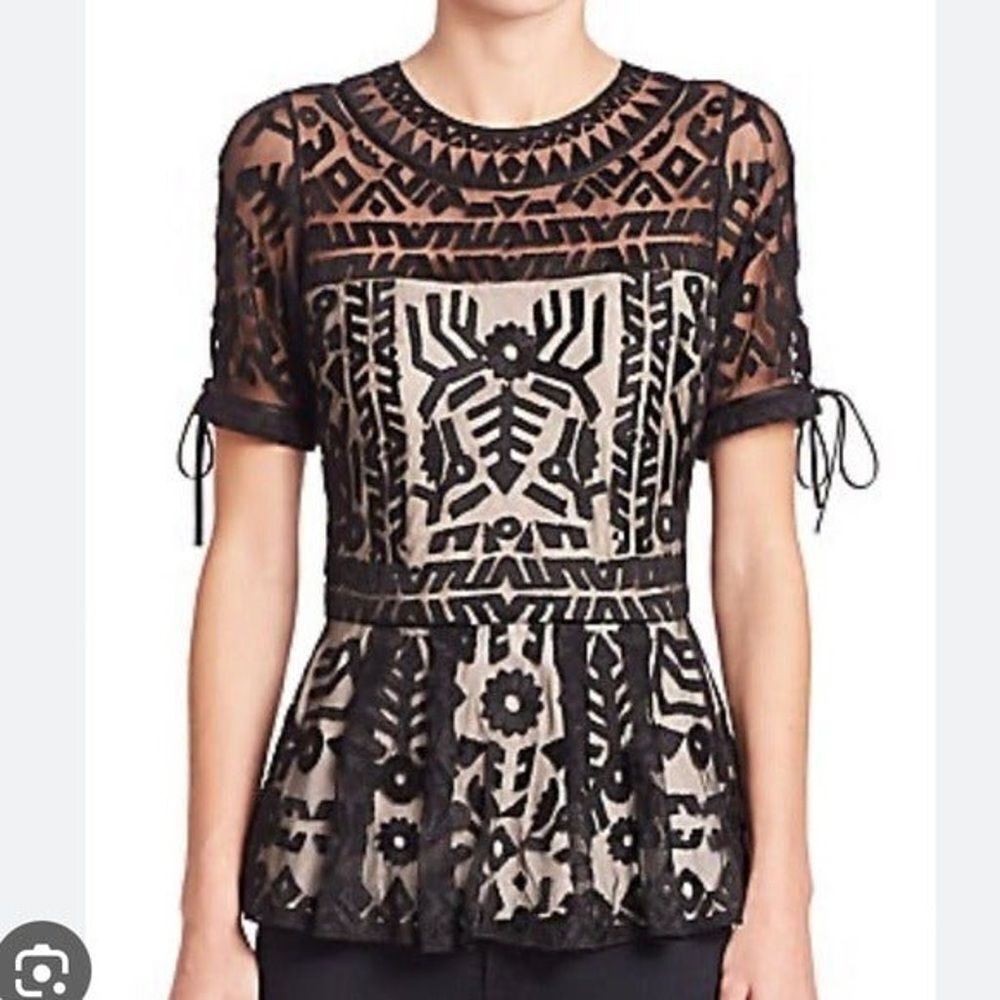 Parker Shannon Geo Embroidered Peplum Blouse Women's XS Black Tie Sleeve